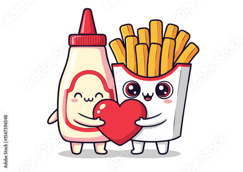 Adorable Cartoon Mayonnaise Bottle and French Fries Sharing a Heart.