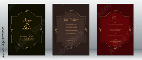 Elegant wedding invitation and menu card set with vintage gold frame decoration on dark backgrounds. Includes Save the Date, Invitation, and Dinner Menu in a formal, luxurious style.