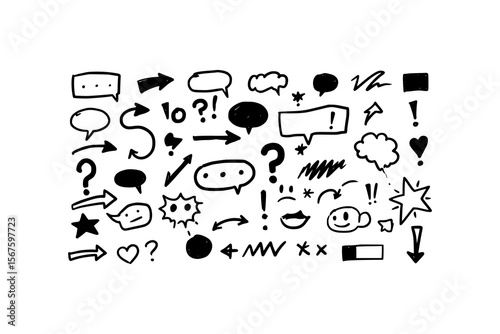 Handdrawn speech bubbles, arrows, and symbols in graphic design. Suitable for presentations, infographics, social media posts, and website layouts.
