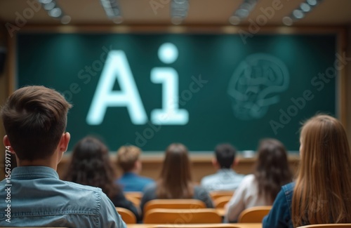 University students attend artificial intelligence class, learning future technology. AI course taught in college classrooms educates for careers in tech and science.