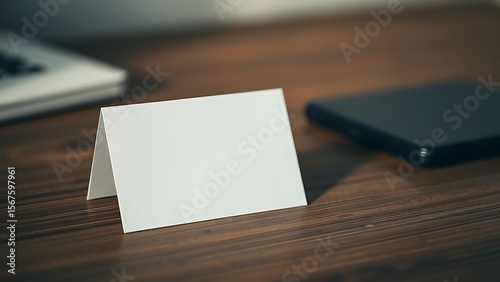 A blank notecard placed on a wooden desk with soft diffused lighting and shallow focus.