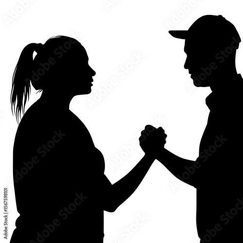 Silhouettes of two standing people facing each other with clasped hands at shoulder level, symbolizing mutual support, equality, and human connection on white background