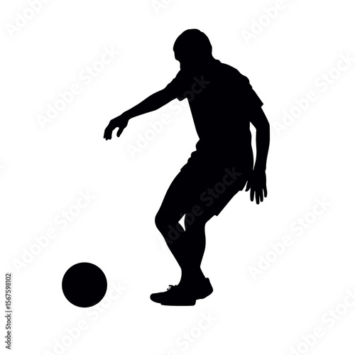 Silhouette of a soccer player dribbling a ball on a white background. Silhouette shows action, energy, and focus as player controls ball for play. Use this silhouette image for sports-themed posters.