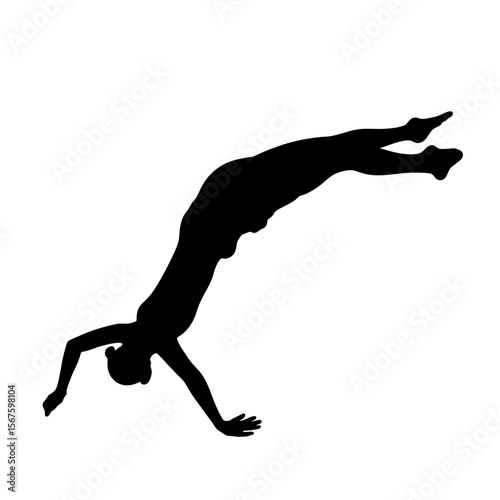 Silhouette of a person diving downward with extended body and leading arm in a decisive motion, concept of intentional descent, gravity, and inner depth against a white background