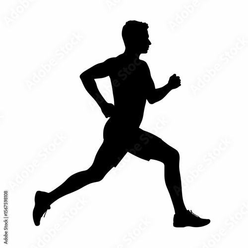 Man silhouette shows athletic male figure in motion. Man silhouette presents runner with muscular physique, isolated on white, demonstrating running form. This man silhouette conveys energy and power
