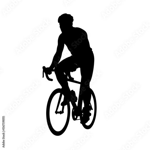 Black bicycle silhouette of man cyclist riding on bike against white backdrop. Bicycle silhouette shows active person cycling for fitness, sport, or transportation.