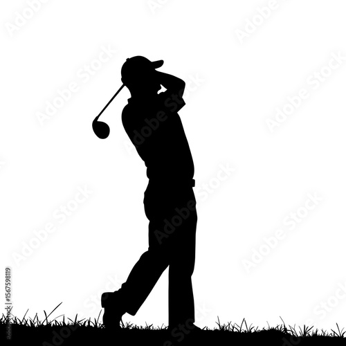Silhouette of golfer swinging club with grass foreground against blank white background, the silhouette creating dramatic contrast.