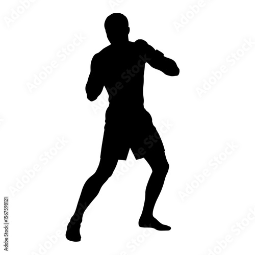 Silhouette of a boxer posing with raised arms, a strong silhouette against white background. Detailed silhouette shows athlete with muscular build ready for combat, engaging in fighting stance.