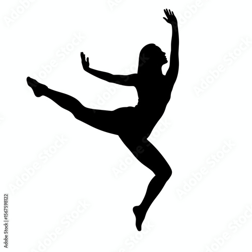 Silhouette of a female rhythmic gymnast in mid-air during a graceful leap with extended limbs, symbolizing elegance, strength, and artistic expression in motion