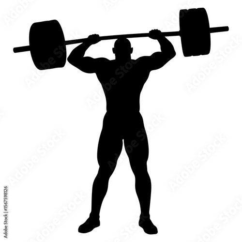 Silhouette of weightlifter lifting barbell above head with strong silhouette form. Powerful silhouette performing overhead press, showing muscular build and intense effort, silhouette strong.