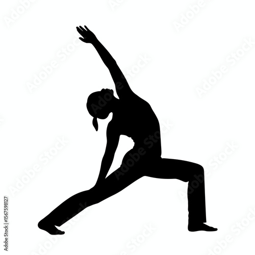 Silhouette of woman in warrior yoga pose for health and fitness concepts. Warrior yoga silhouette illustrates asana practice with stretching and balance, promoting mindfulness and wellness.