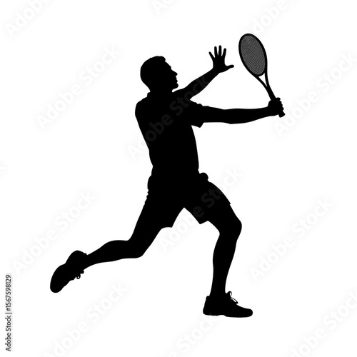 Striking tennis silhouette of male player ready to hit ball on white background. This powerful tennis silhouette captures action, energy, and focus, while another tennis silhouette enhances dynamism.