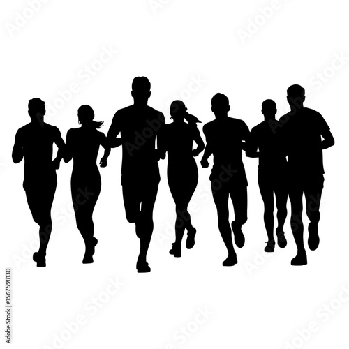 Silhouette of runners showing group of athletes running together on white background. Running silhouette displays group of people training and racing, exercising for fitness and health.