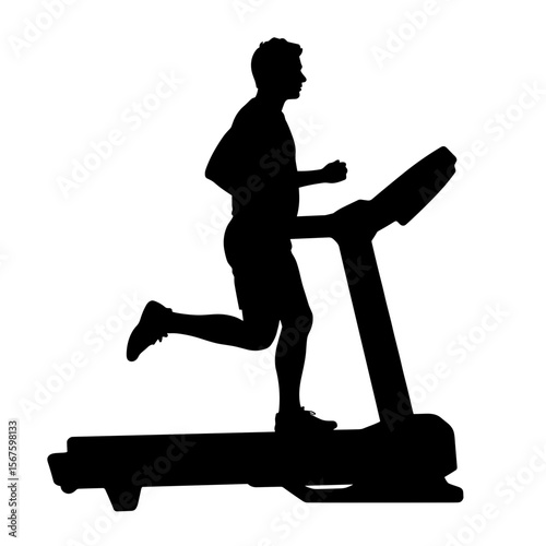 Silhouette of man running on treadmill machine for cardio exercise and fitness training. Treadmill silhouette is ideal for intense workout routines, showcasing dedication to health and wellness.