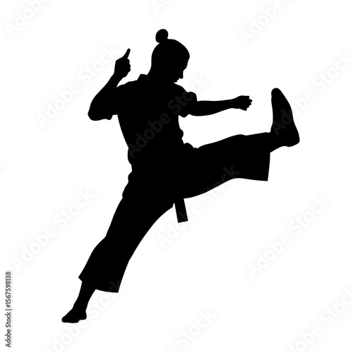 Silhouette of martial artist performing a kick, martial artist in black silhouette with flowing pants and a focused expression. This silhouette demonstrates power and control in every motion