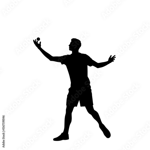 Silhouette of a person leaping mid-air with one arm extended toward a small ball, captured in motion against a white background, concept of energy, coordination, and symbolic expression