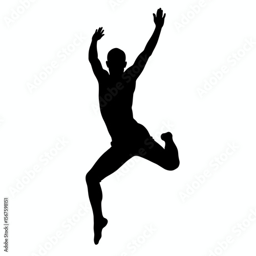 Athletic silhouette figure with raised arms in dynamic jump pose. Silhouette shows an athlete leaping with energy and power. A dark silhouette contrasts against white backdrop,
