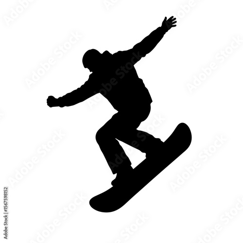 Snowboarder silhouette doing trick jump in black, shown on white background. Silhouette of snowboarder performing jump captures the dynamism of winter sports.