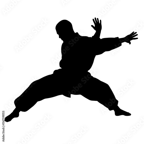 Silhouette of a male figure in dynamic pose during outdoor training with dramatic head turn, concept of discipline, focus, and symbolic tension, isolated on white