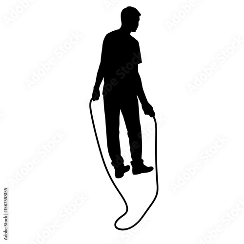 Silhouette of man jumping rope in an action pose. Silhouette emphasizes form and fitness, showing dedication to athletic training, physical activity, and a cardio workout