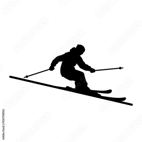 Silhouette of skier on white background, ready for a downhill run. Skier silhouette showcases active sportsman skillfully navigating snowy mountain terrain.