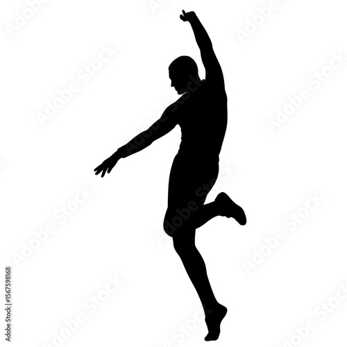 Silhouette of dancing man in an energetic pose against white backdrop. Dancing man's silhouette showcases motion and dynamism, captured in simple black form.