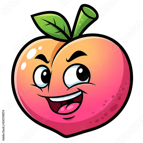 Mischievous Cartoon Peach Character Illustration, Sly Winking Peach Mascot with Green Leaf, Funny Fruit Character - Peach with Playful Expression.