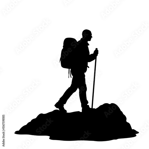 Silhouette of hiker with backpack and trekking pole standing on mountain peak against white background. Silhouette of hiker depicts adventure, freedom, and challenge