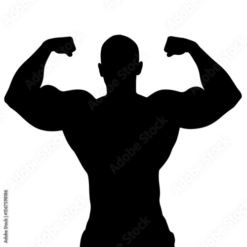 Strong silhouette of a bodybuilder showing off muscles. Silhouette of a powerful bodybuilder flexing in a classic pose, emphasizing muscular definition and physical strength.
