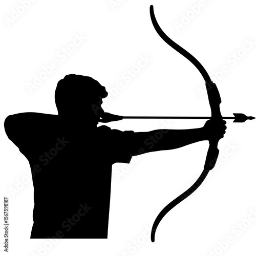Archery silhouette of strong sportsman holding bow and arrow, aiming precisely. Archery silhouette on white background displays focused energy and determination.