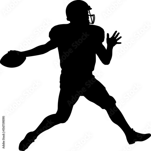 American football silhouette shows a quarterback about to throw ball. Detailed American football silhouette shows player leaping forward, ready to make pass during game.