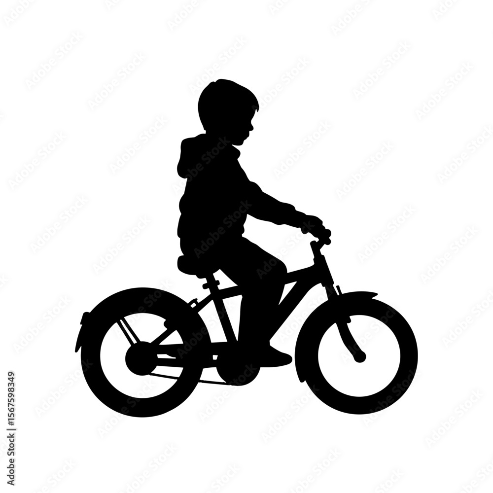 Fototapeta premium Silhouette of boy riding bicycle on isolated background. Silhouette shows young boy with casual clothes sitting and riding on bicycle, having fun. Depicting silhouette for kids cycling classes.
