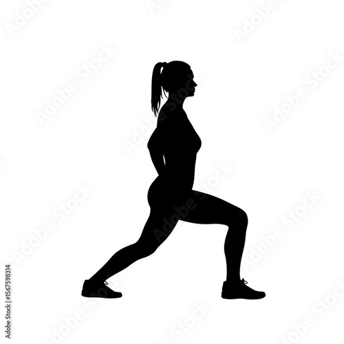 Sporty woman doing lunge exercise silhouette, seen from profile against white background. Lunge exercise silhouette displays the athlete in action, as she strengthens her muscles