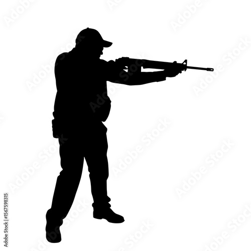 Silhouette of man with rifle against a plain backdrop. This silhouette features a person in action, holding and aiming a rifle, creating dramatic form.