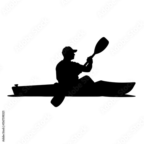 Kayak silhouette against white showcases rower paddling with paddle in dark outline. Kayak silhouette embodies motion, as sportsman propels boat forward.