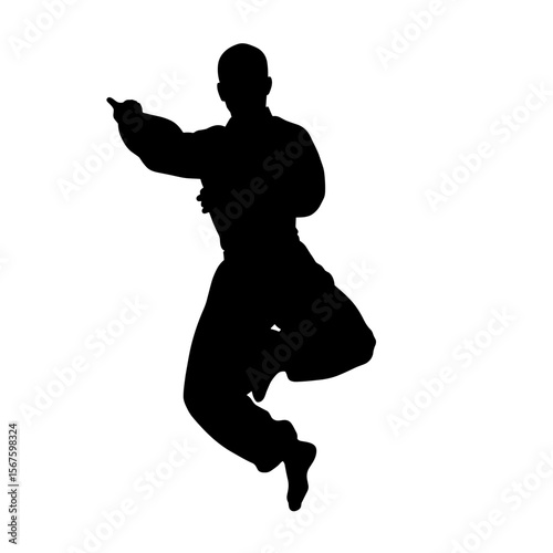 Karate silhouette shows martial arts master in dynamic position on white background. Karate silhouette captures athlete's skill and power during a high kick