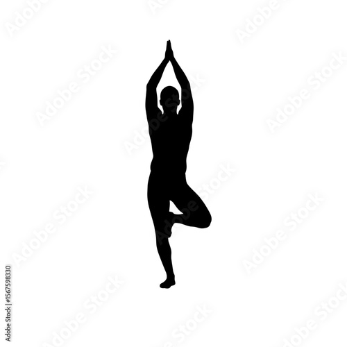 Silhouette of yoga position, man doing asana on one leg with hands in prayer. Silhouette shows perfect balance and posture. Illustrative silhouette for yoga studio poster.
