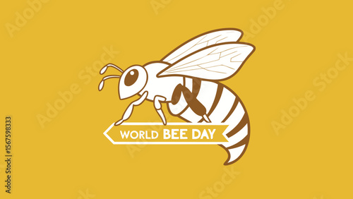 World Bee Day:  A cheerful, stylized illustration of a honeybee on a golden yellow background, perfect for environmental awareness campaigns, educational materials, and celebratory social media posts.