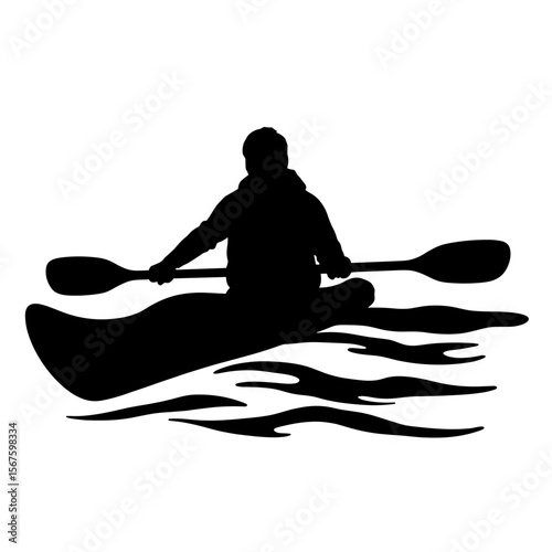 Silhouette of kayaker paddling across water. Silhouette with paddling reveals watersport activity, adventure, and kayaking as leisure. Silhouette for creating posters or online advertising.