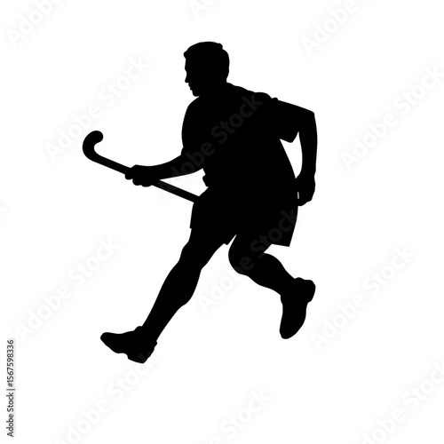 Hockey player silhouette isolated on white background in action pose. Silhouette shows skilled sportsman in uniform, demonstrates professional level, and holds field hockey stick.