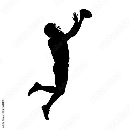 Silhouette of football player jumping to catch ball on isolated white background. Silhouette action depicts determination, athletic skill, and competitive spirit.