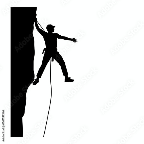 Silhouette of climber on rock wall using rope for assistance. Silhouette action shows climber in safety equipment ascending steep terrain. Use silhouette effect for sports posters.