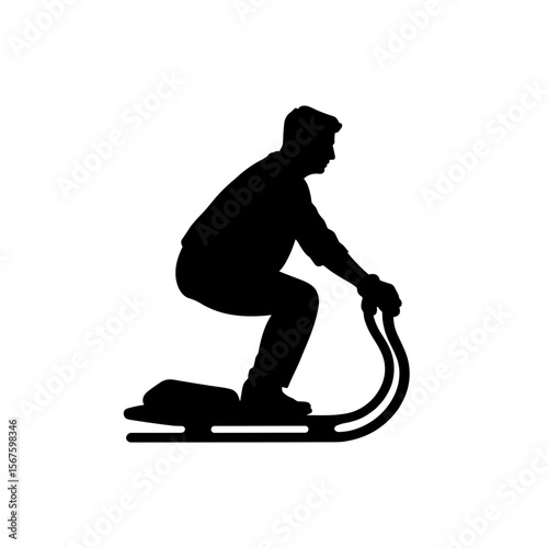 Man silhouette figure on toboggan against white backdrop. This man silhouette image captures outline of person sitting on snow toboggan, showcasing shape.