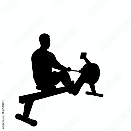 Silhouette workout shows man on rowing machine in stark contrast, highlighting athletic form. Silhouette workout includes intense fitness session, focusing on strength and cardio.