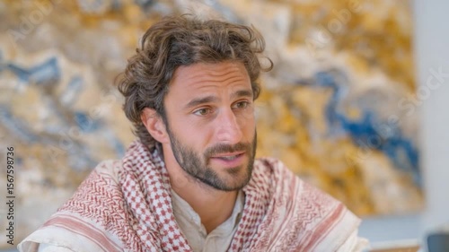 Eloquent Conversation: A close-up shot features a thoughtful man with gentle eyes in a moment of active discussion, and a hint of his personality peeks through.