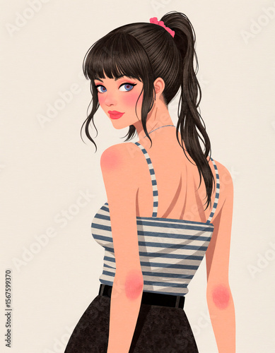 A young woman stands with her back towards the viewer, showcasing a stylish striped top and a playful hairstyle. The backdrop is simple, emphasizing her confident demeanor and expressive look.