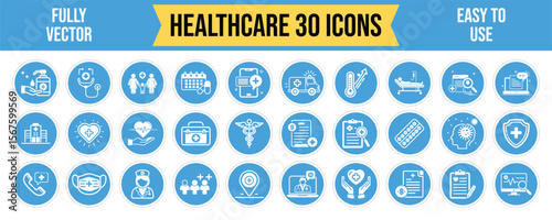 Collection of Healthcare and Medical Icons in Blue and White Vector Ai generated Icons