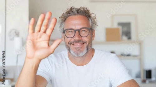 Hello Greeting: A friendly and approachable man with glasses waves to the viewer. A warm gesture conveying positivity and connection.