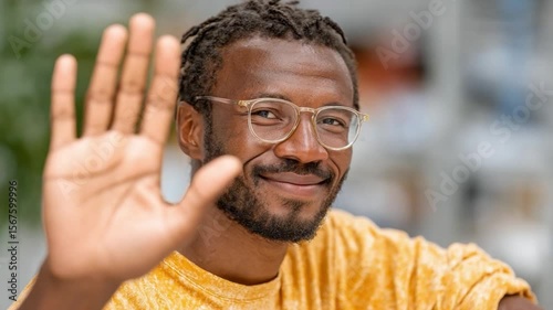 Friendly Gesture: A smiling man of color extends a welcoming hand, captured with warmth and sincerity in a close-up shot. This portrait is about communication and positivity.