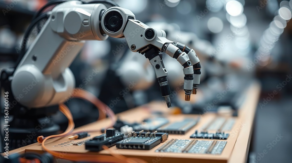 Fototapeta premium Robotic arm with precision grip assembling complex electronic circuit boards in a high-tech factory.